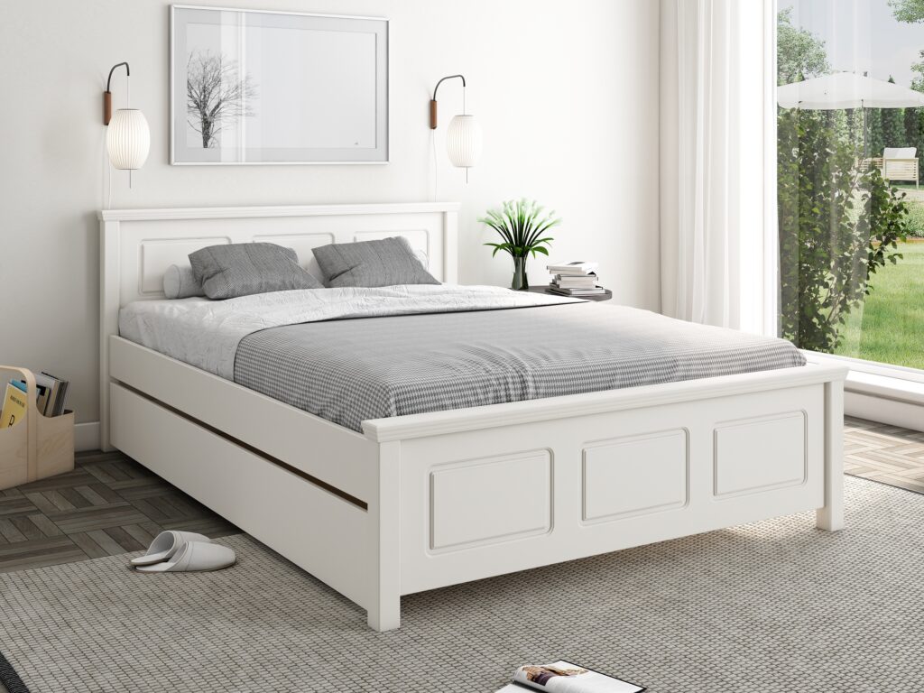 White solid wood double bed with drawer