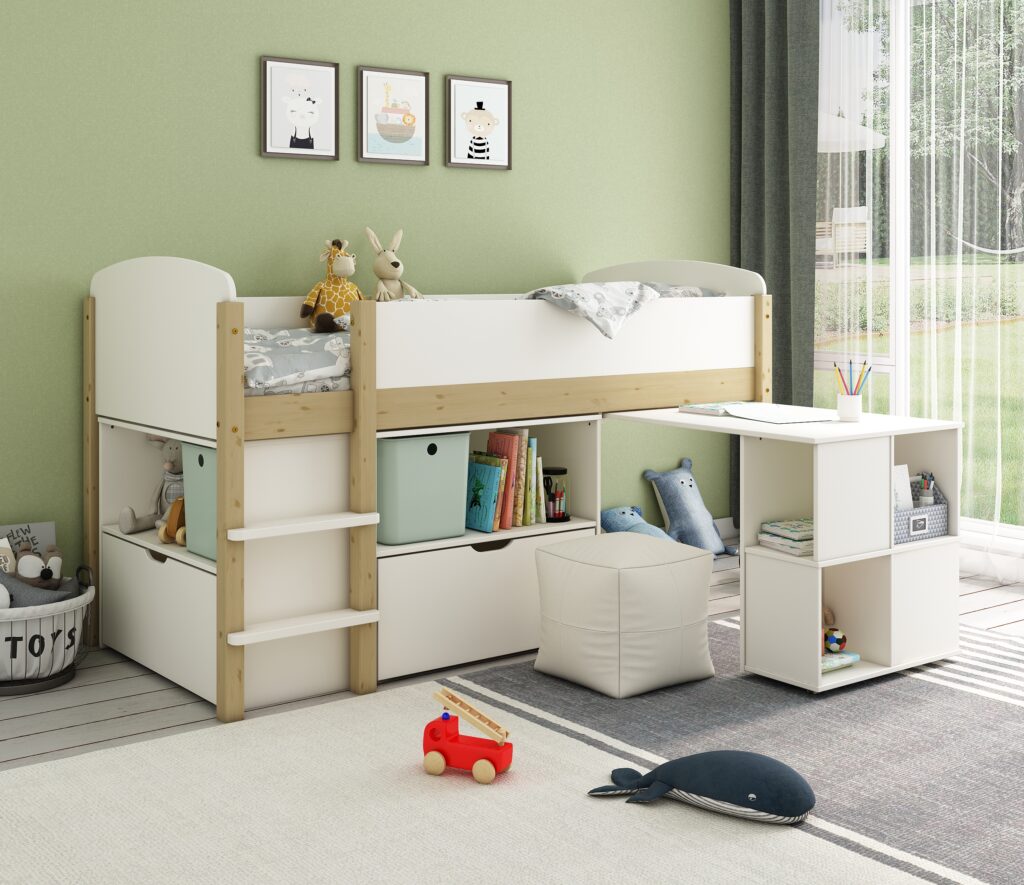 Children's mid sleeper bed with storage