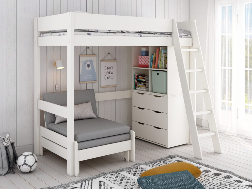Solid pine loft bed with desk and storage
